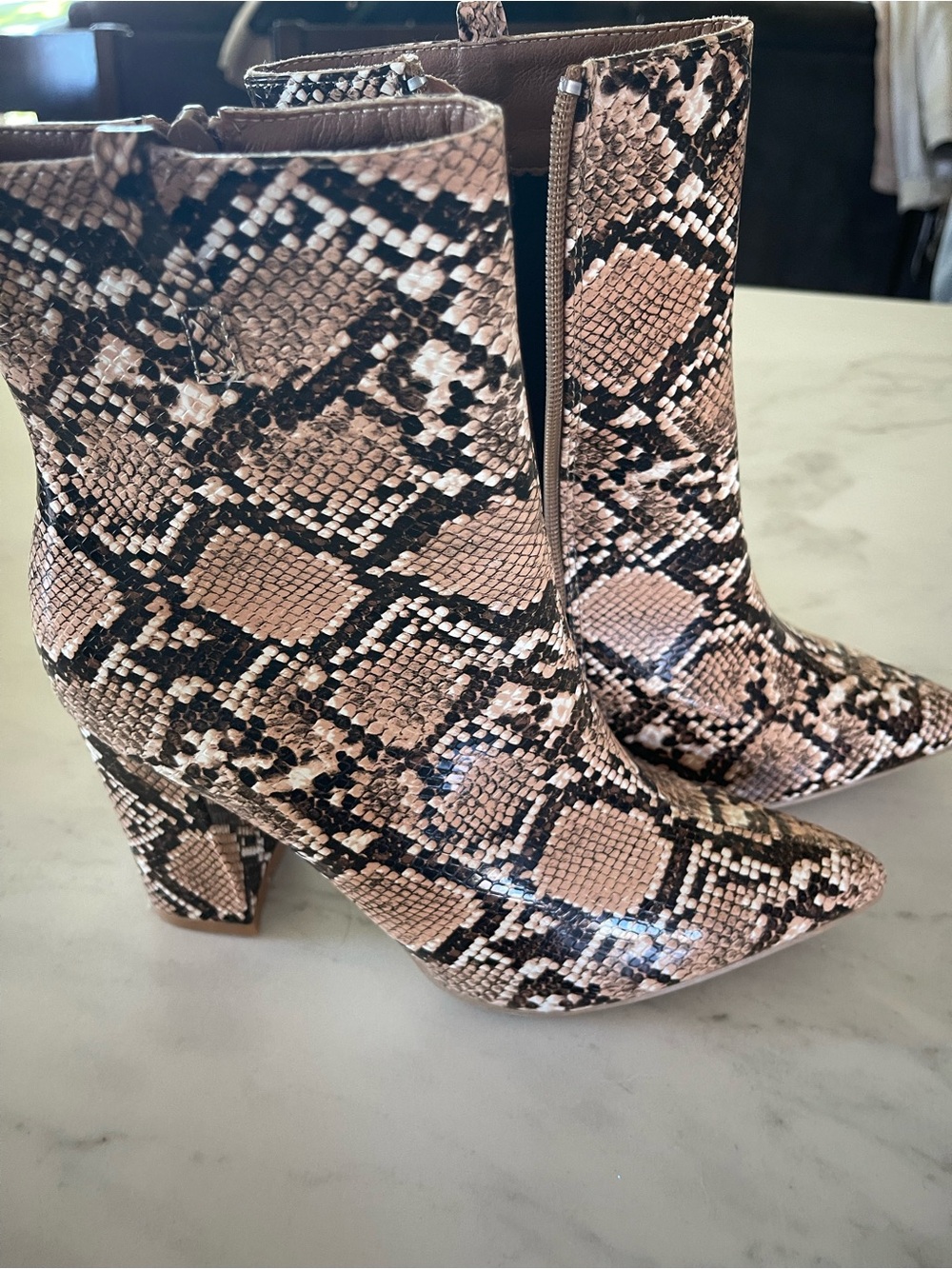 Snake-Print Ankle Boots in Beige and Black